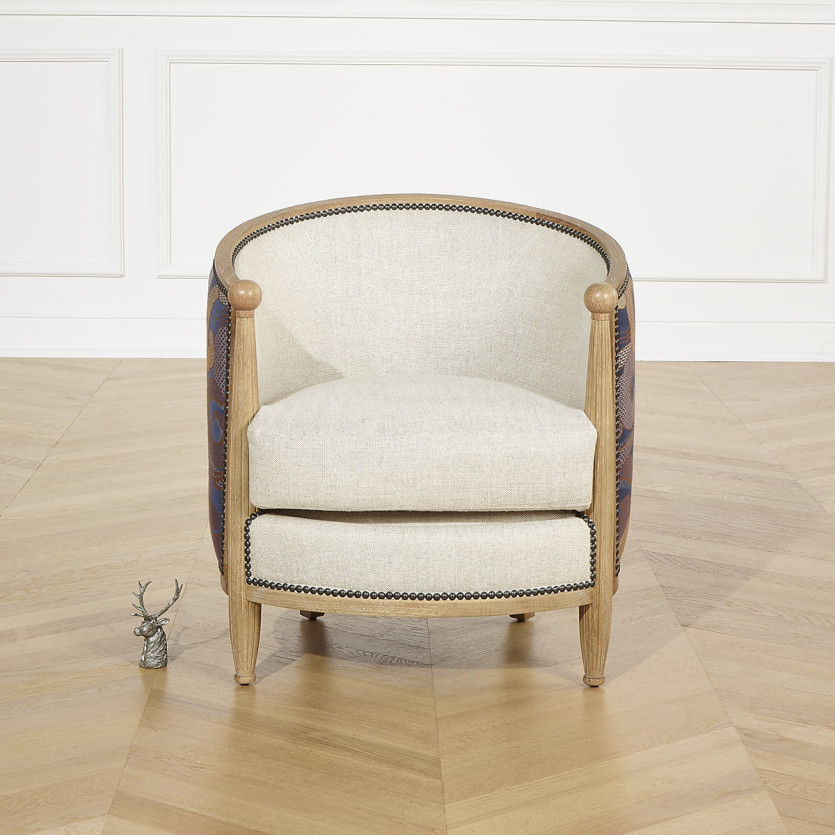 CAROLE WAVES BARREL ARMCHAIR – Haussmann-style in oak and jacquard fabric, 1 seat