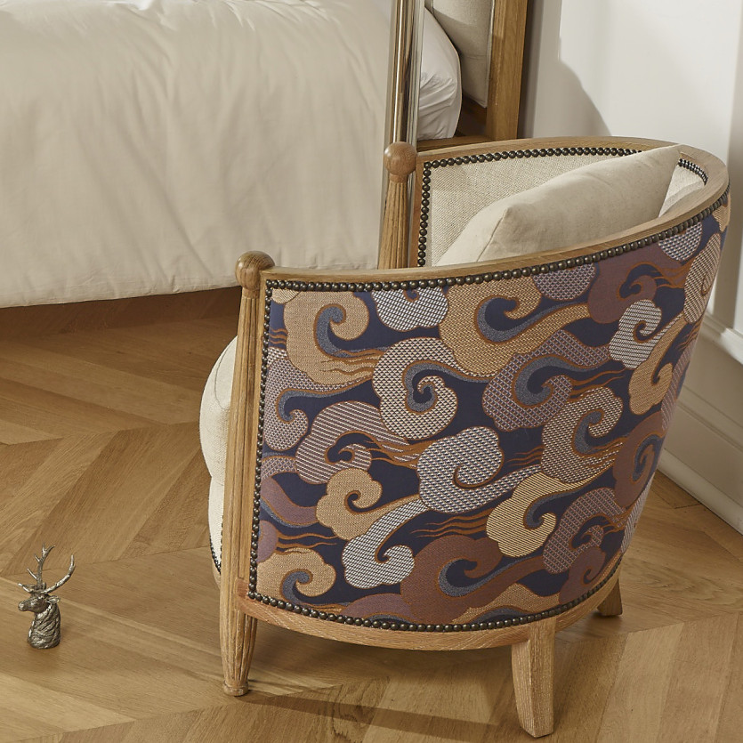 CAROLE WAVES BARREL ARMCHAIR – Haussmann-style in oak and jacquard fabric, 1 seat