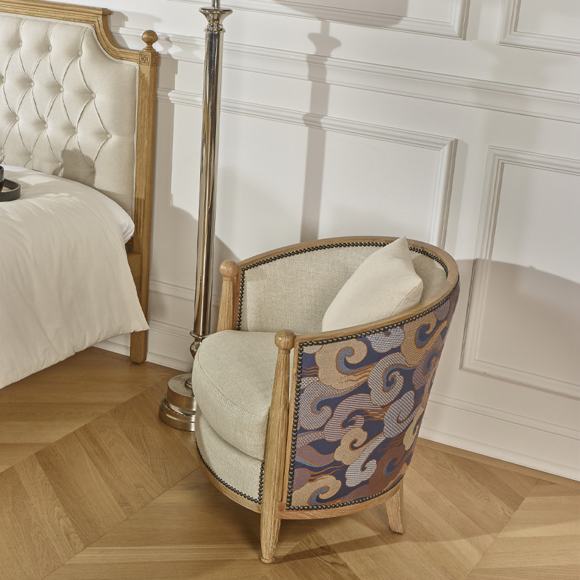 CAROLE WAVES BARREL ARMCHAIR – Haussmann-style in oak and jacquard fabric, 1 seat
