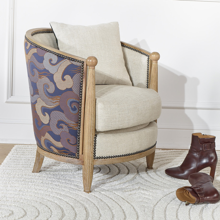 CAROLE WAVES BARREL ARMCHAIR – Haussmann-style in oak and jacquard fabric, 1 seat