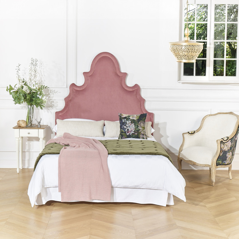 Tête de lit FOLIE - Style romantique en velours et pin massif, 140 cm, bois certifié FSC®