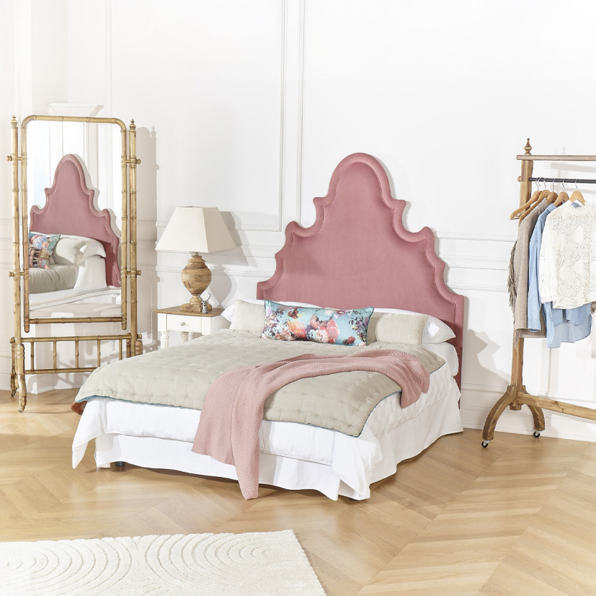 Tête de lit FOLIE - Style romantique en velours et pin massif, 140 cm, bois certifié FSC®
