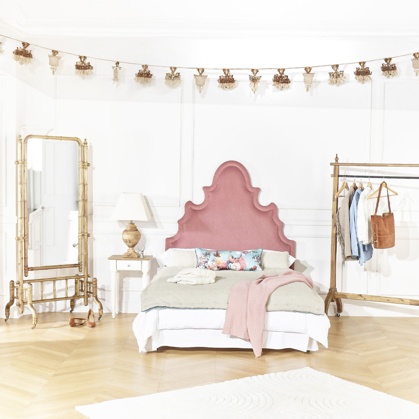 Tête de lit FOLIE - Style romantique en velours et pin massif, 140 cm, bois certifié FSC®