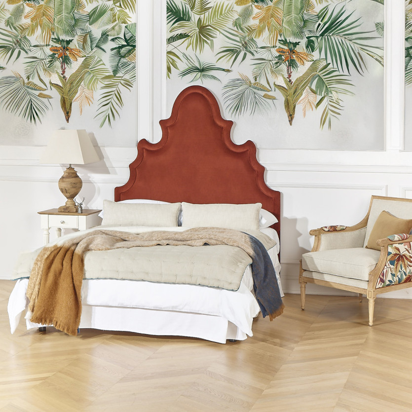 Tête de lit FOLIE - Style romantique en velours et pin massif, 140 cm, bois certifié FSC®