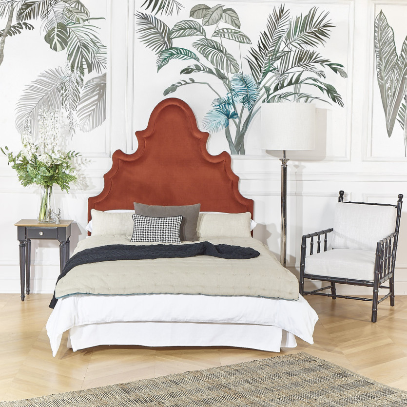Tête de lit FOLIE - Style romantique en velours et pin massif, 140 cm, bois certifié FSC®