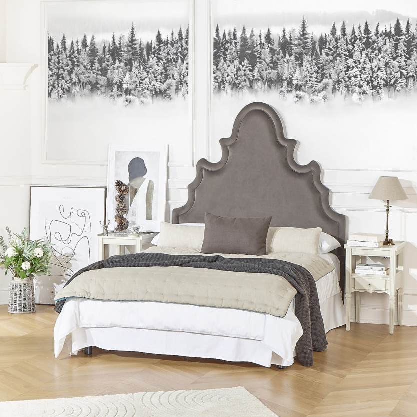 Tête de lit FOLIE - Style romantique en velours et pin massif, 140 cm, bois certifié FSC®