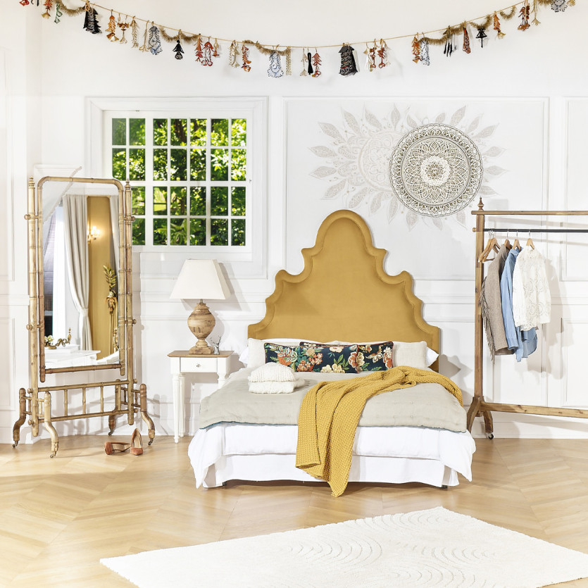 Tête de lit FOLIE - Style romantique en velours et pin massif, 140 cm, bois certifié FSC®