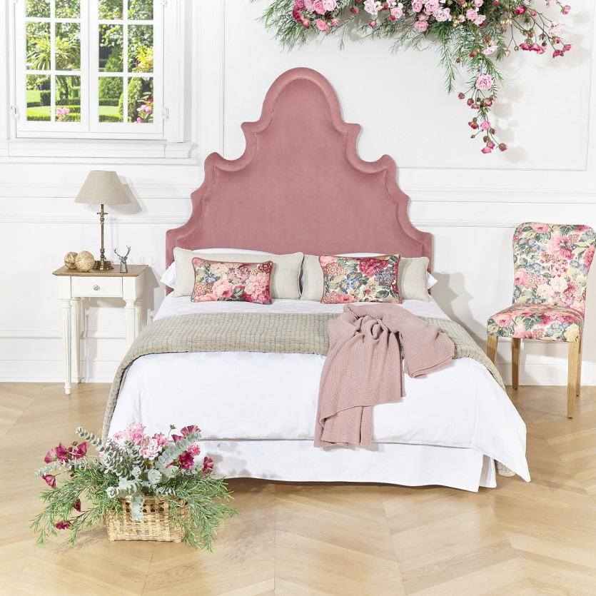 Tête de lit FOLIE - Style romantique en velours et pin massif, 140 cm, bois certifié FSC®