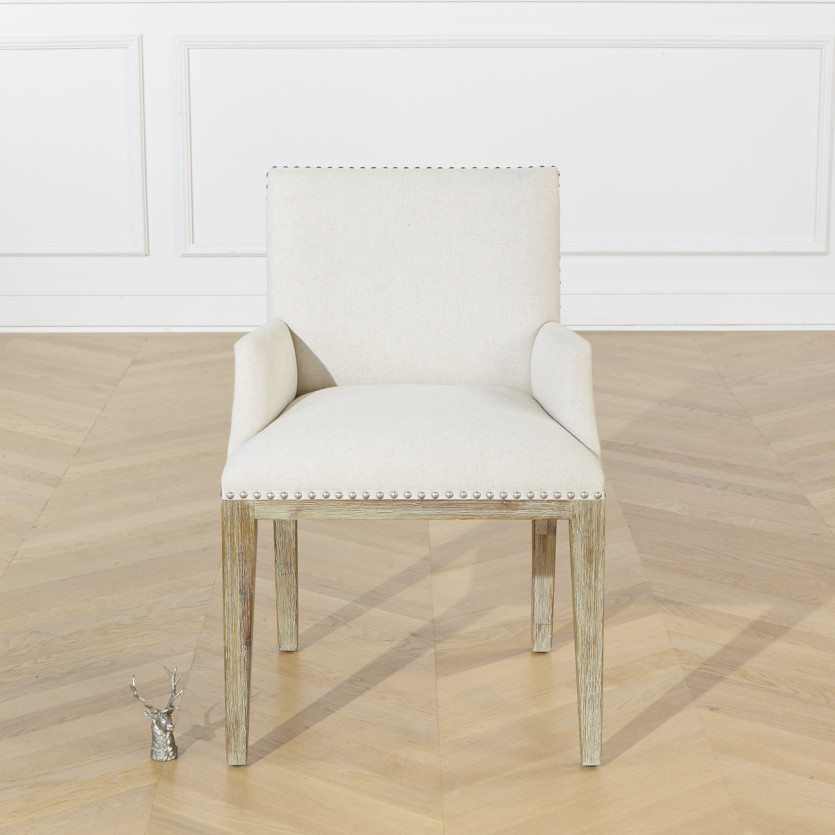 Cadeira de jantar KENZA - Estilo moderno em madeira maciça e linho com tachas, 1 lugar