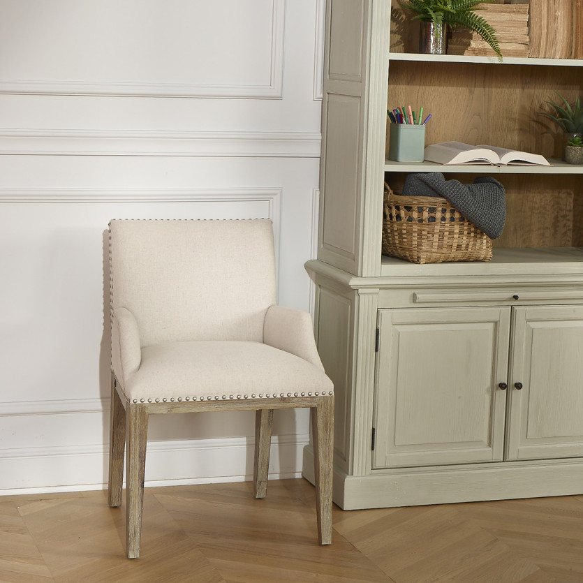 Fauteuil de table à manger KENZA - Style moderne en bois massif et lin clouté, 1 place