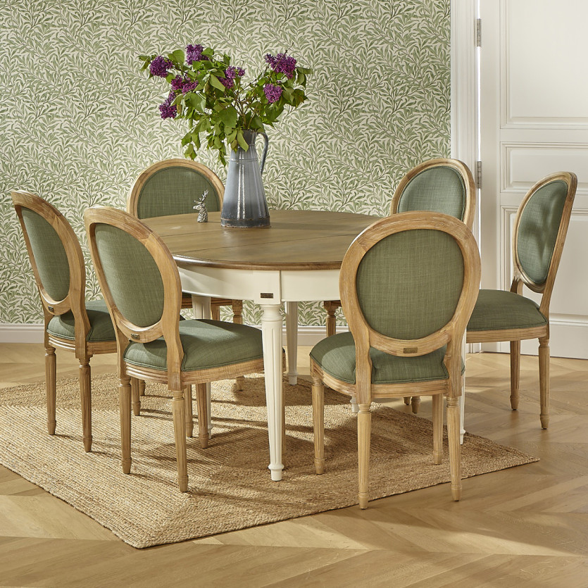 Uitschuifbare eettafel FLORENCE - Romantische stijl in eiken, witte poten, 4/10 couverts