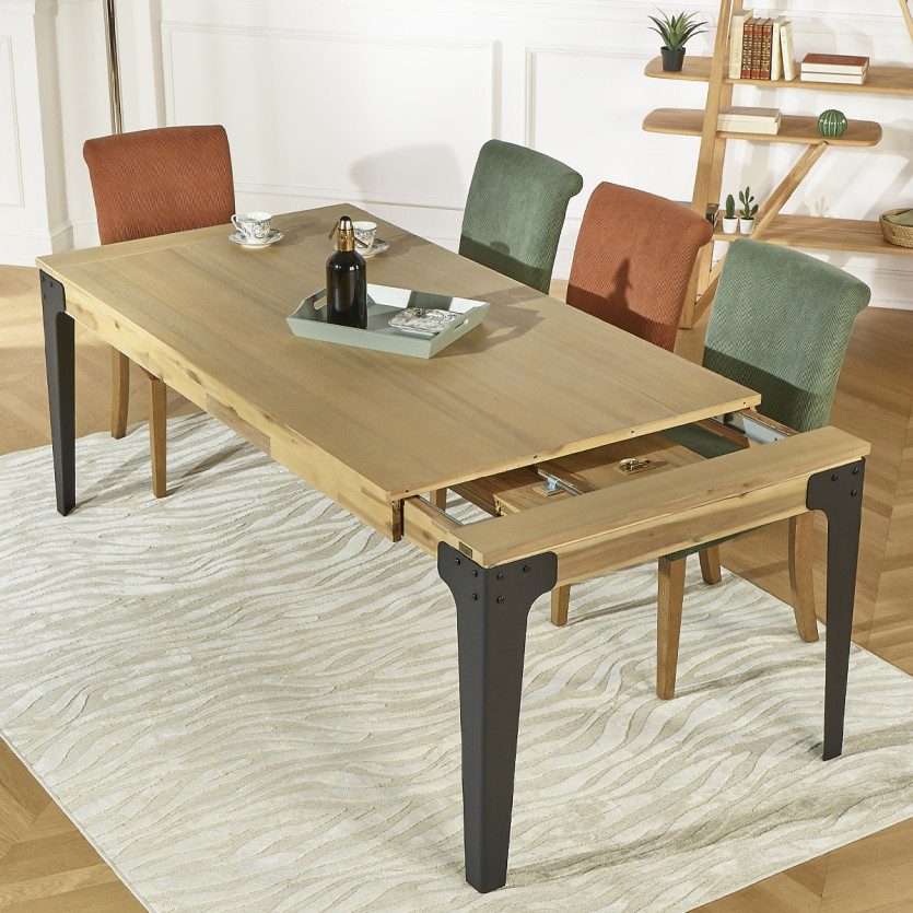 Table à manger extensible BALTIMORE - Style moderne, bois et métal, 8/10 couverts