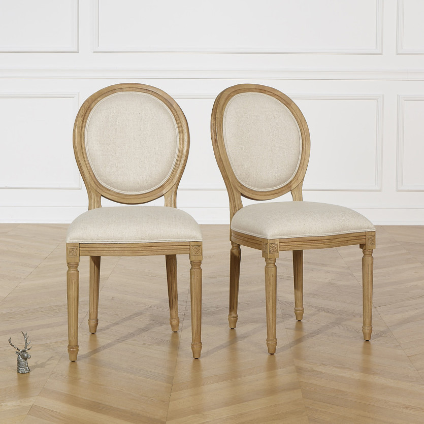 Lot de deux chaises MEDAILLON FLANDER - Style shabby chic en bois massif et tissu effet lin