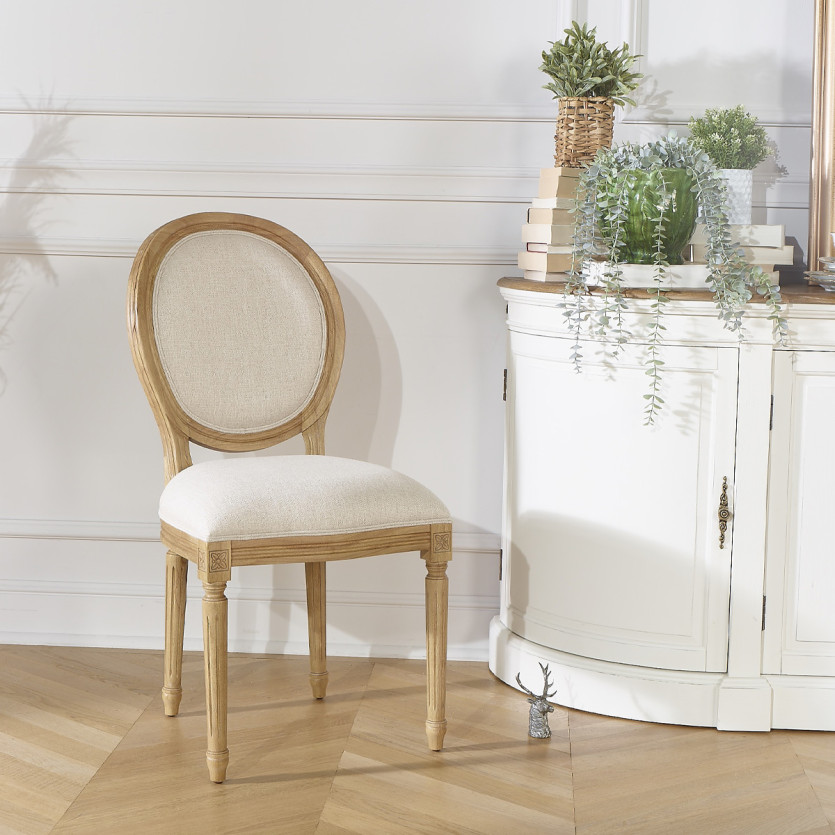 Lot de deux chaises MEDAILLON FLANDER - Style shabby chic en bois massif et tissu effet lin