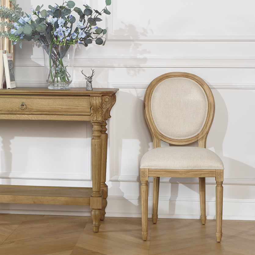 Lot de deux chaises MEDAILLON FLANDER - Style shabby chic en bois massif et tissu effet lin
