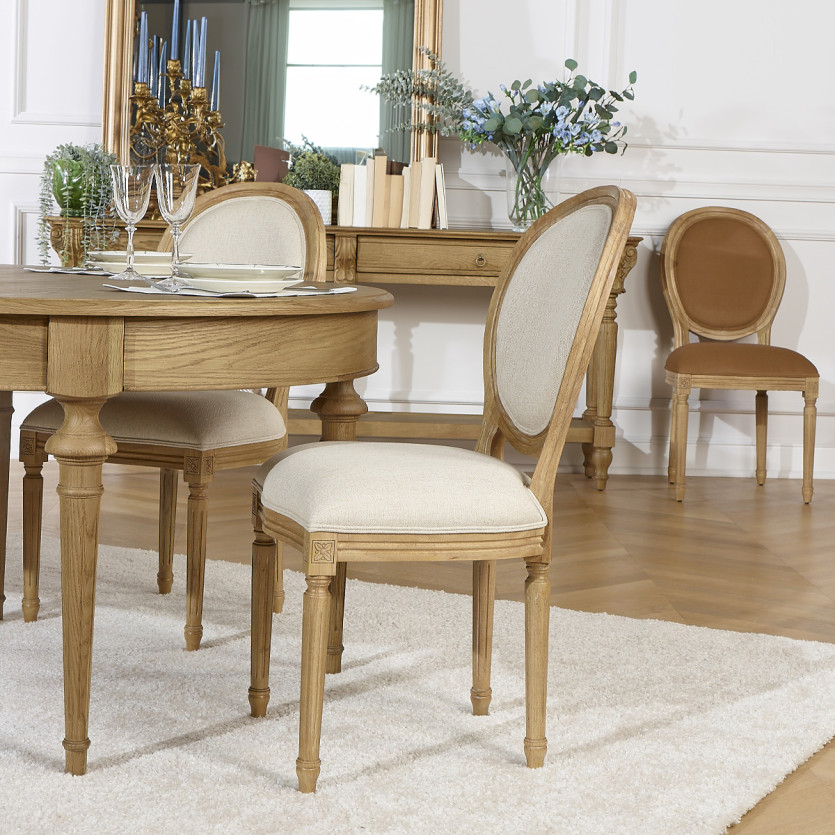 Lot de deux chaises MEDAILLON FLANDER - Style shabby chic en bois massif et tissu effet lin