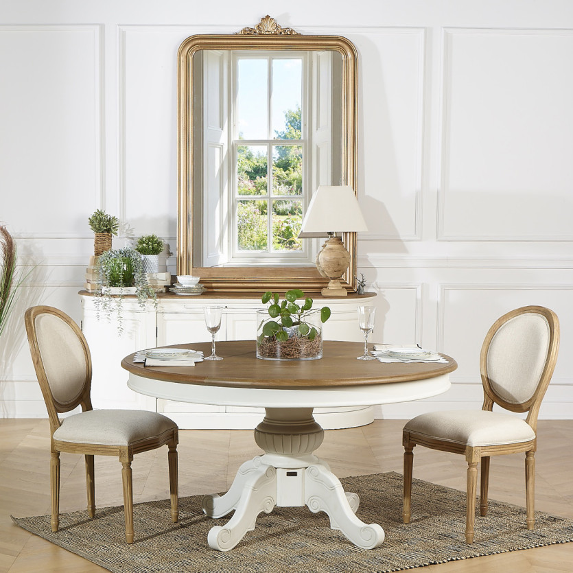 Lot de deux chaises MEDAILLON FLANDER - Style shabby chic en bois massif et tissu effet lin