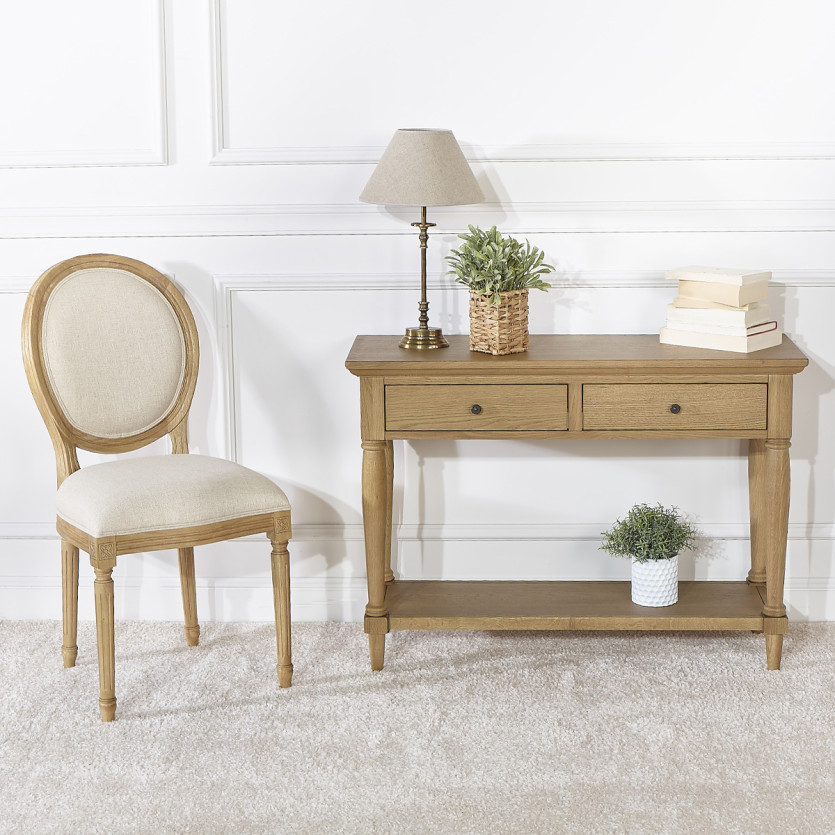 Lot de deux chaises MEDAILLON FLANDER - Style shabby chic en bois massif et tissu effet lin