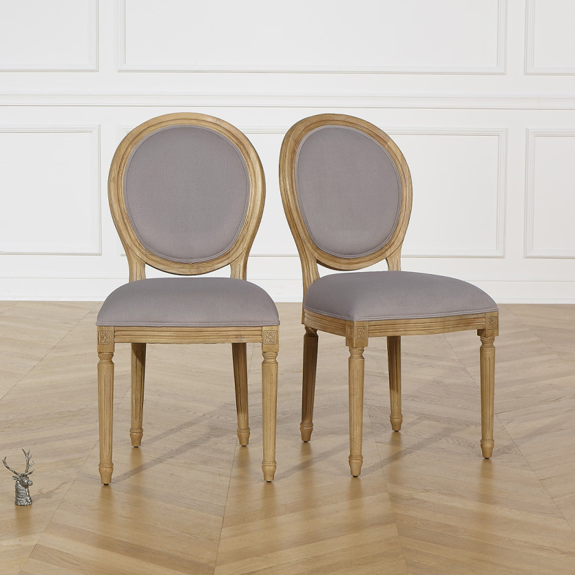 Lot de 2 chaises MEDAILLON PAUL - Style shabby chic en bois massif et tissu effet velours