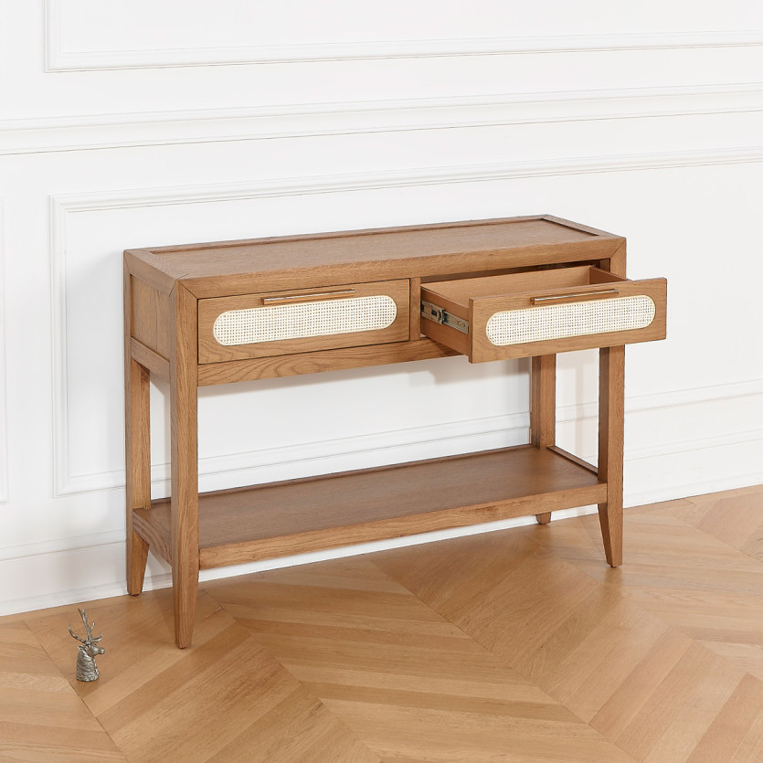 Console MONTANA - Estilo contemporâneo, tampo em carvalho, 2 gavetas, 1 prateleira