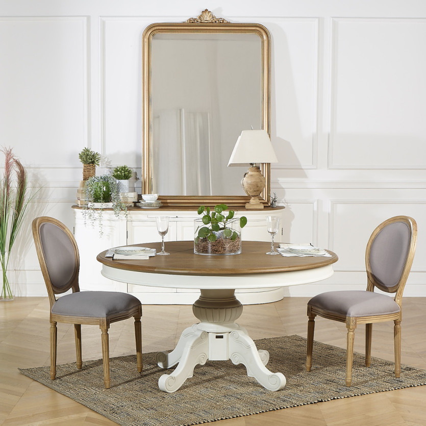 Lot de 2 chaises MEDAILLON PAUL - Style shabby chic en bois massif et tissu effet velours