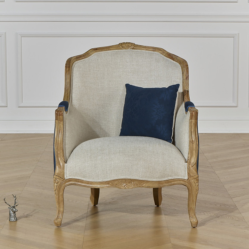 Fauteuil bergère VICTOR NUIT DE CHINE - Style romantique en tissu imprimé fleuri bleu et bois massif, 1 place