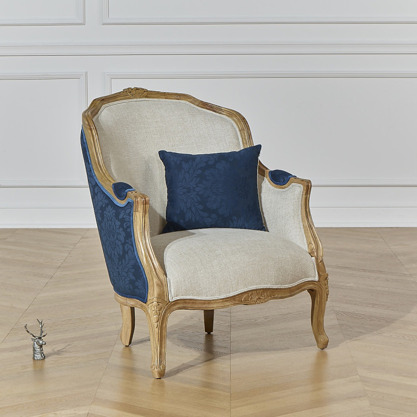 Fauteuil bergère VICTOR NUIT DE CHINE - Style romantique en tissu imprimé fleuri bleu et bois massif, 1 place