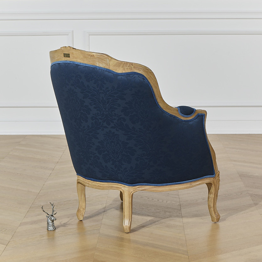 Fauteuil bergère VICTOR NUIT DE CHINE - Style romantique en tissu imprimé fleuri bleu et bois massif, 1 place