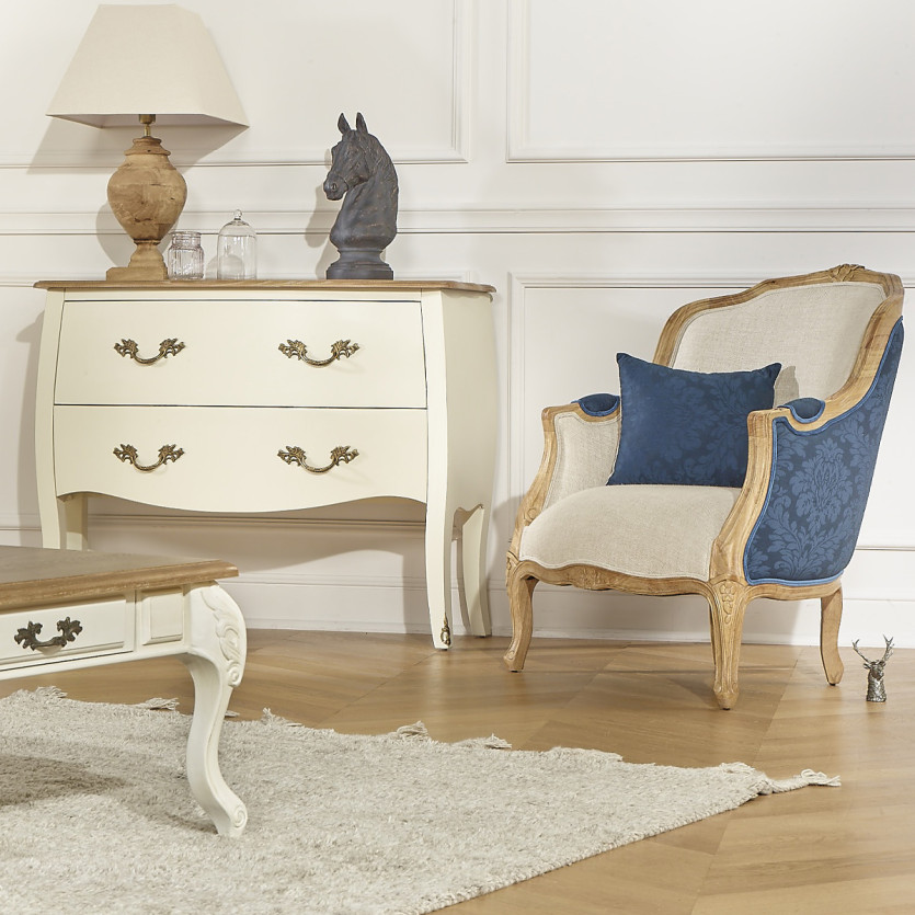 Fauteuil bergère VICTOR NUIT DE CHINE - Style romantique en tissu imprimé fleuri bleu et bois massif, 1 place