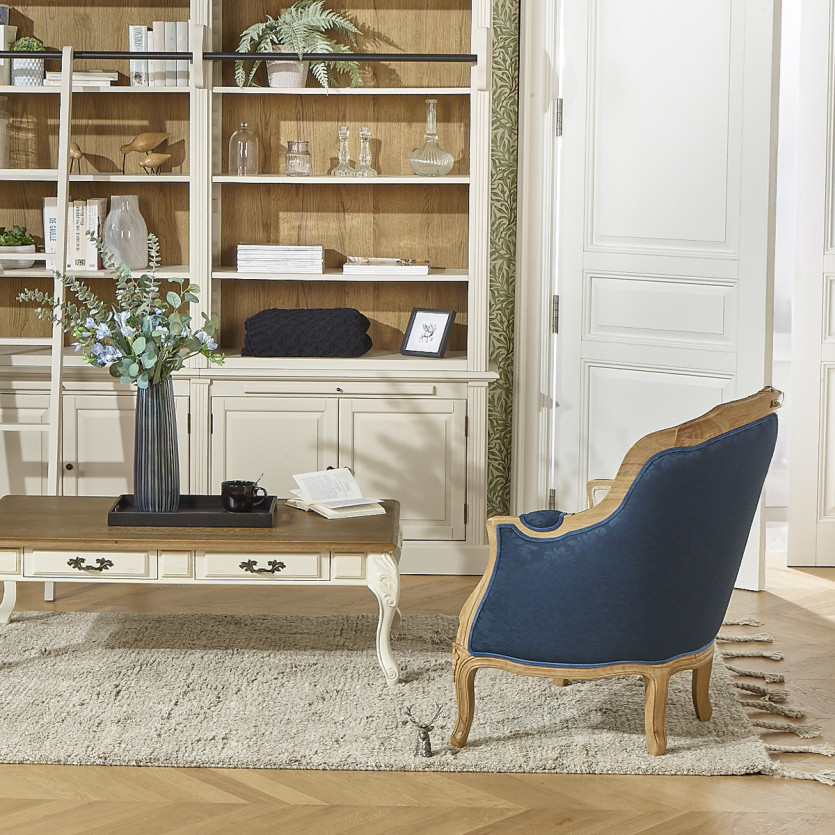 Fauteuil bergère VICTOR NUIT DE CHINE - Style romantique en tissu imprimé fleuri bleu et bois massif, 1 place