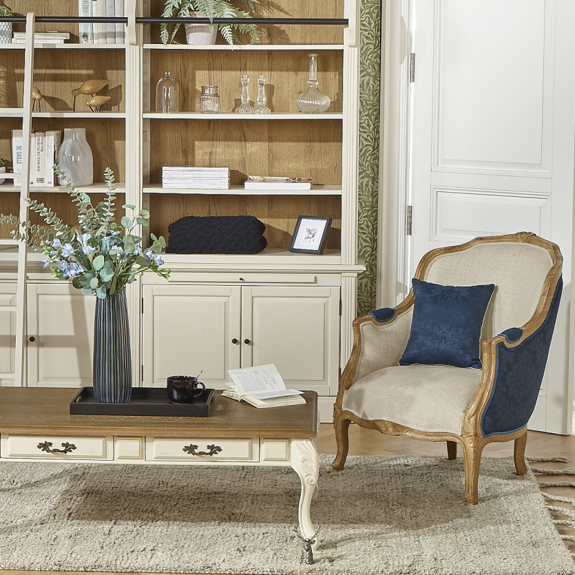 Fauteuil bergère VICTOR NUIT DE CHINE - Style romantique en tissu imprimé fleuri bleu et bois massif, 1 place