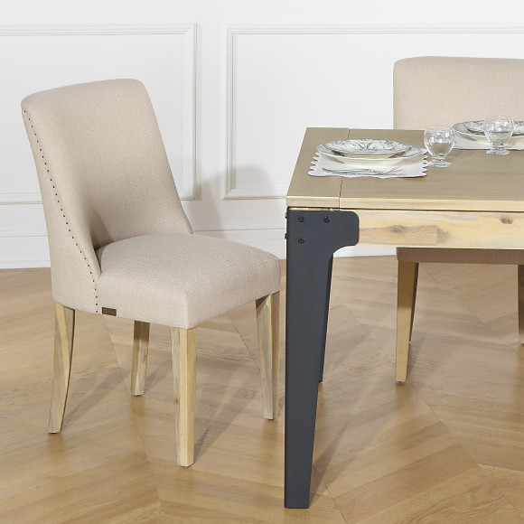 ENZO - Lot de 2 chaises style moderne en bois massif et tissu beige