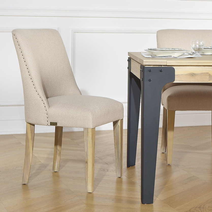 ENZO - Lot de 2 chaises style moderne en bois massif et tissu beige