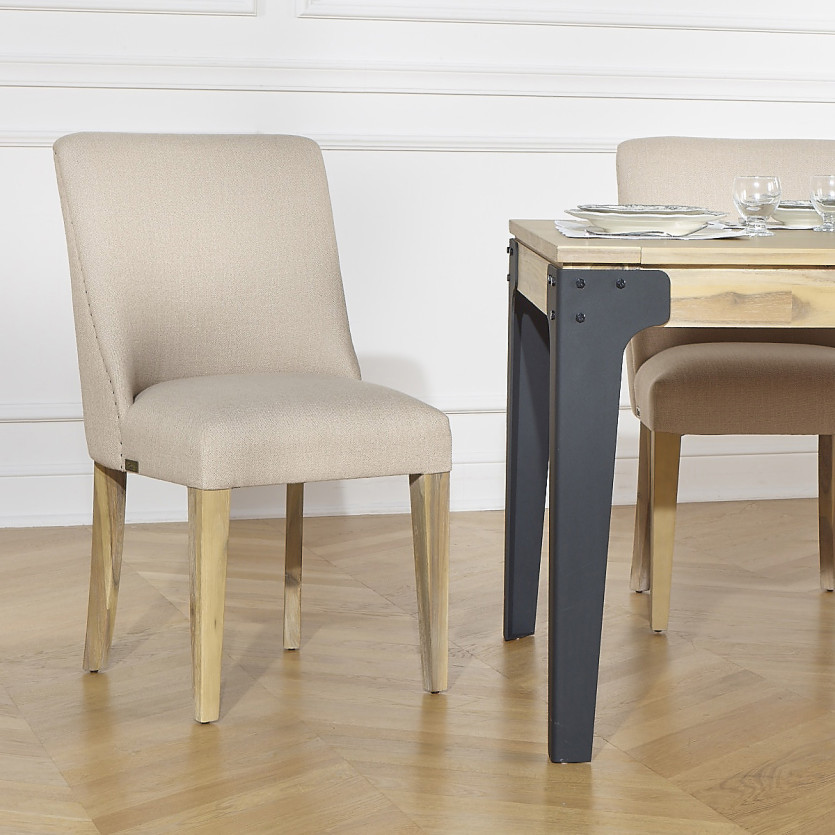 ENZO - Lot de 2 chaises style moderne en bois massif et tissu beige