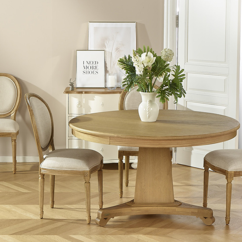 Table à manger ronde IRIS -  Style shabby chic, plateau en chêne, 4/6 couverts
