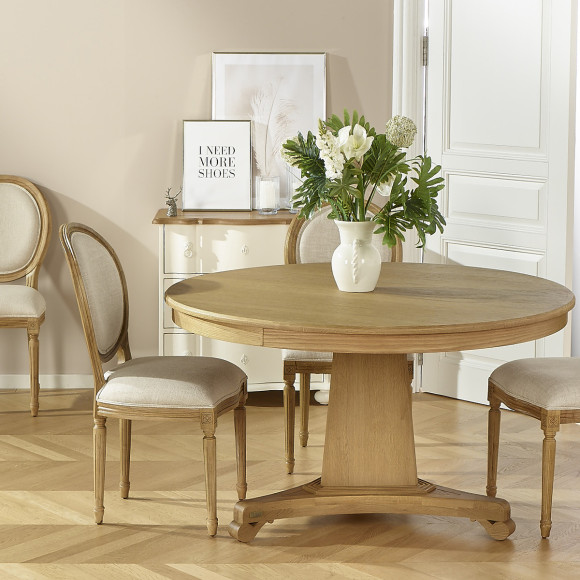 Table à manger ronde IRIS -  Style shabby chic, plateau en chêne, 4/6 couverts
