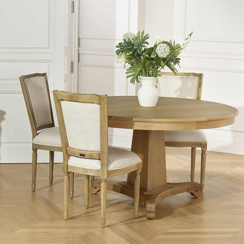 Table à manger ronde IRIS -  Style shabby chic, plateau en chêne, 4/6 couverts