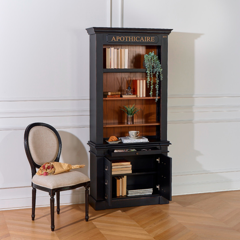 Bibliothèque GASPARD - Style classique en bois, patine antiquaire, 2 portes, 4 étagères, 1 tirette