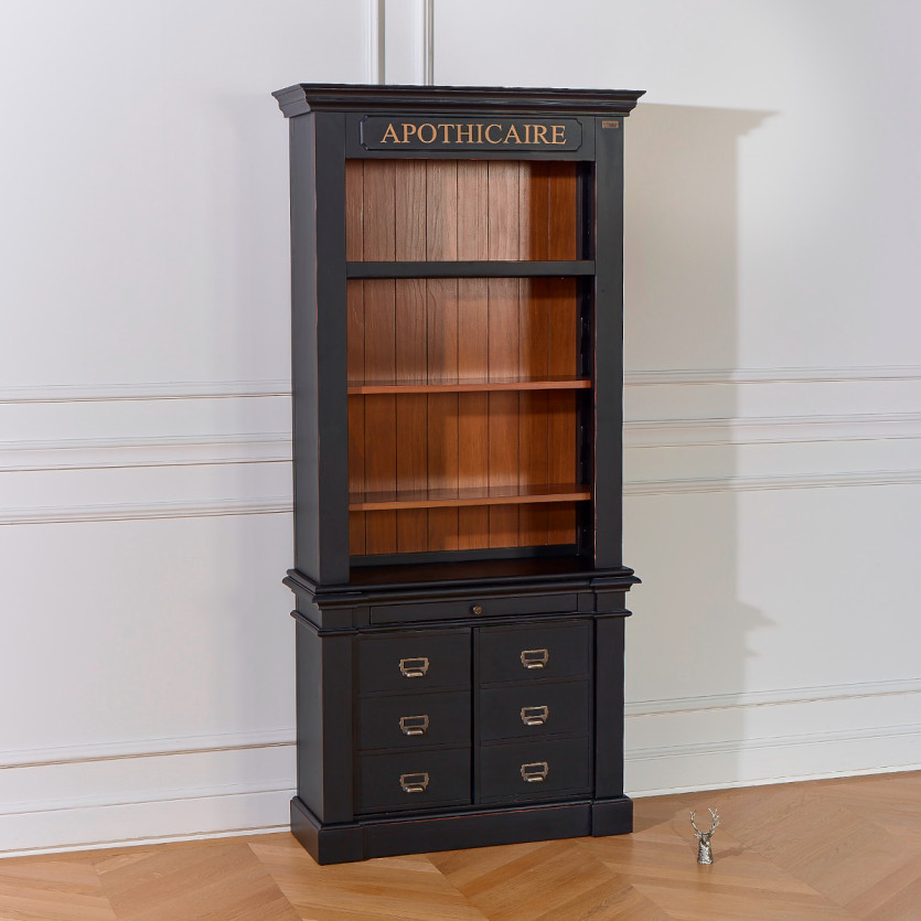 Bibliothèque GASPARD - Style classique en bois, patine antiquaire, 2 portes, 4 étagères, 1 tirette