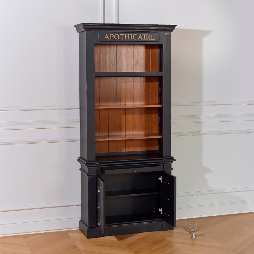 Bibliothèque GASPARD - Style classique en bois, patine antiquaire, 2 portes, 4 étagères, 1 tirette