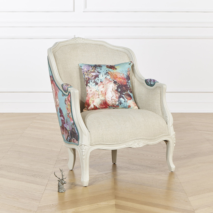 Fauteuil bergère VICTOR BOTANIQUE - Style romantique en tissu imprimé et bois massif, 1 place