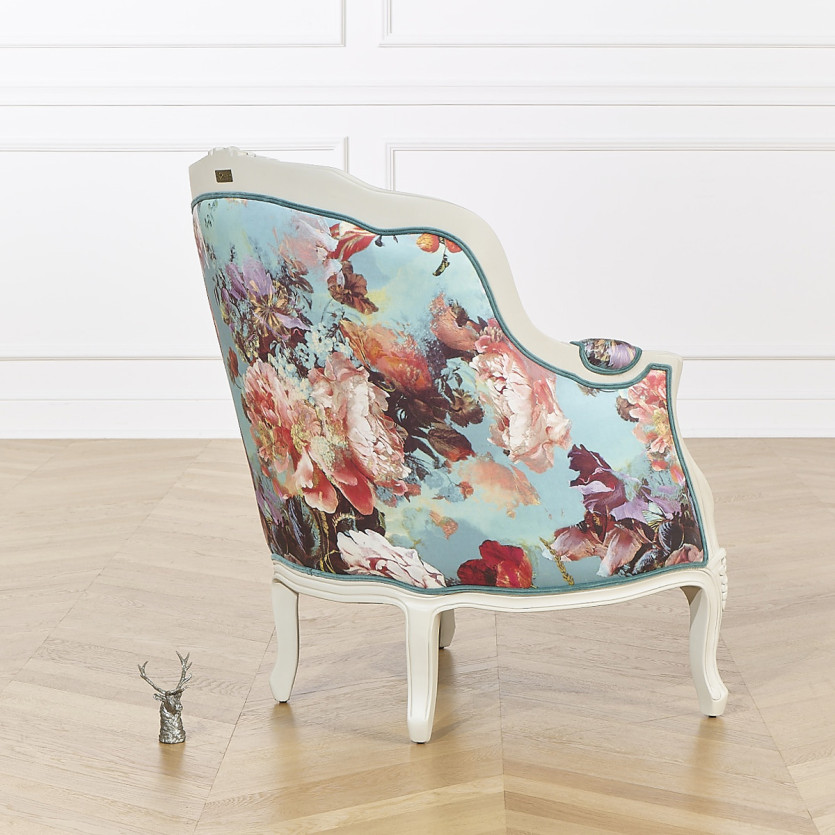 Fauteuil bergère VICTOR BOTANIQUE - Style romantique en tissu imprimé et bois massif, 1 place