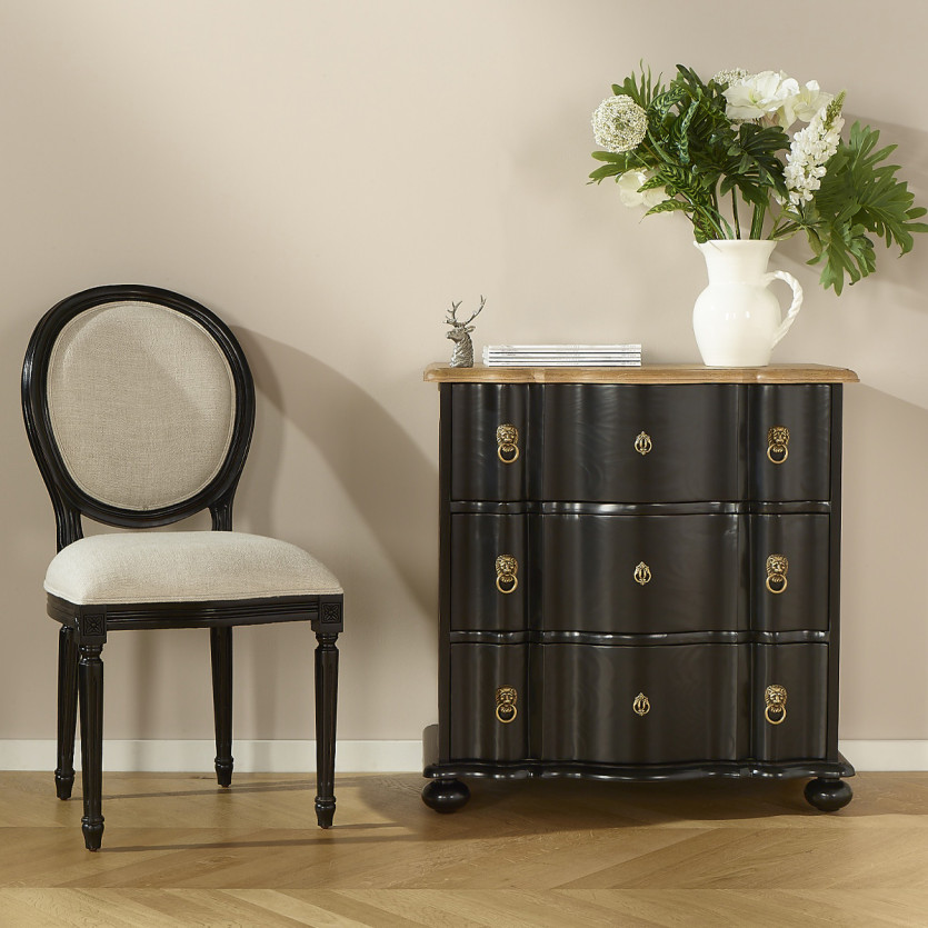 Kleine Kommode LAUREN mit geschwungener Front - Shabby Chic, Eichendeckplatte, 3 Schubladen
