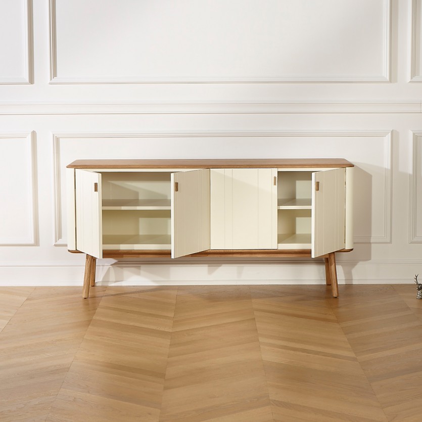 KYOTO - Buffet blanc style contemporain, plateau en chêne, 4 portes, bois certifié FSC®