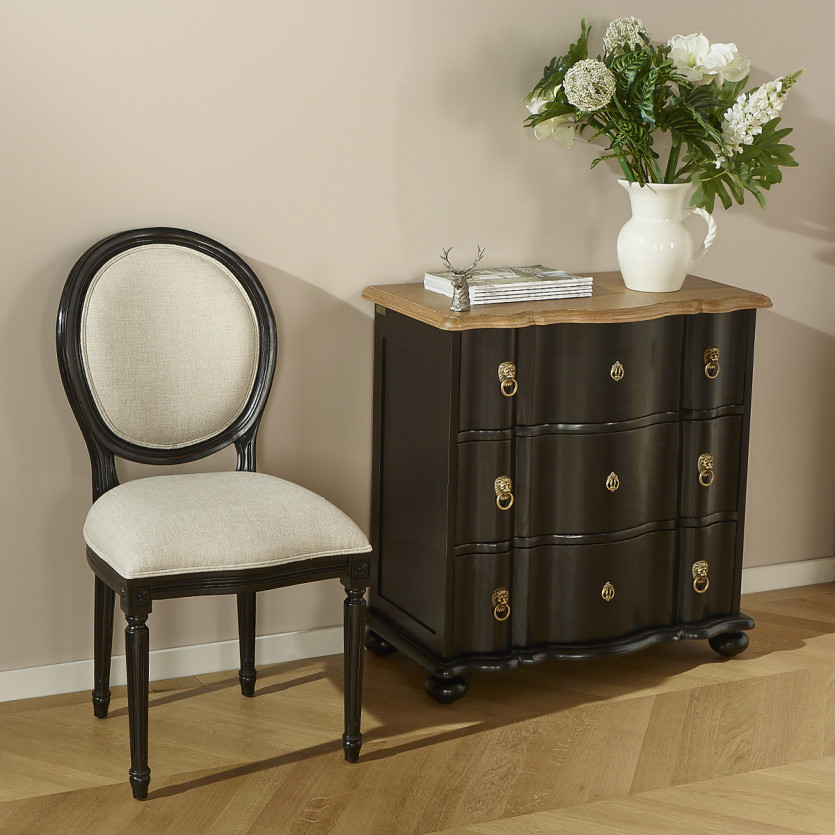Petite commode arbalète LAUREN - Style shabby chic, plateau en chêne, 3 tiroirs