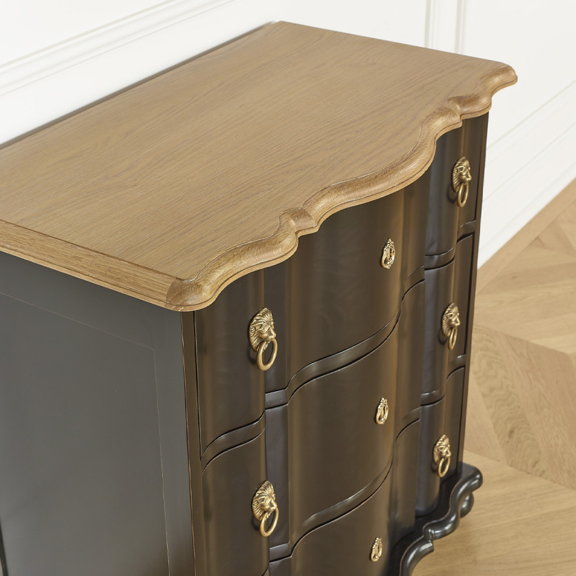 Petite commode arbalète LAUREN - Style shabby chic, plateau en chêne, 3 tiroirs