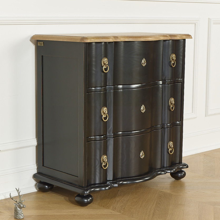 Petite commode arbalète LAUREN - Style shabby chic, plateau en chêne, 3 tiroirs