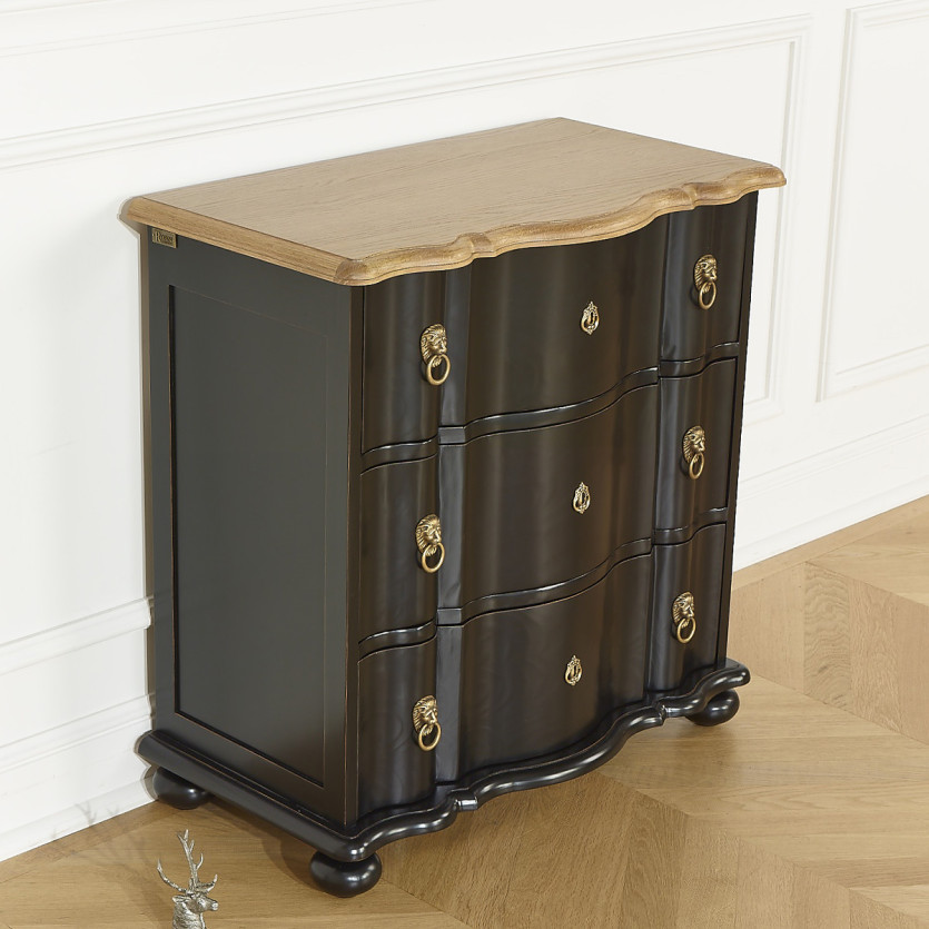 Petite commode arbalète LAUREN - Style shabby chic, plateau en chêne, 3 tiroirs