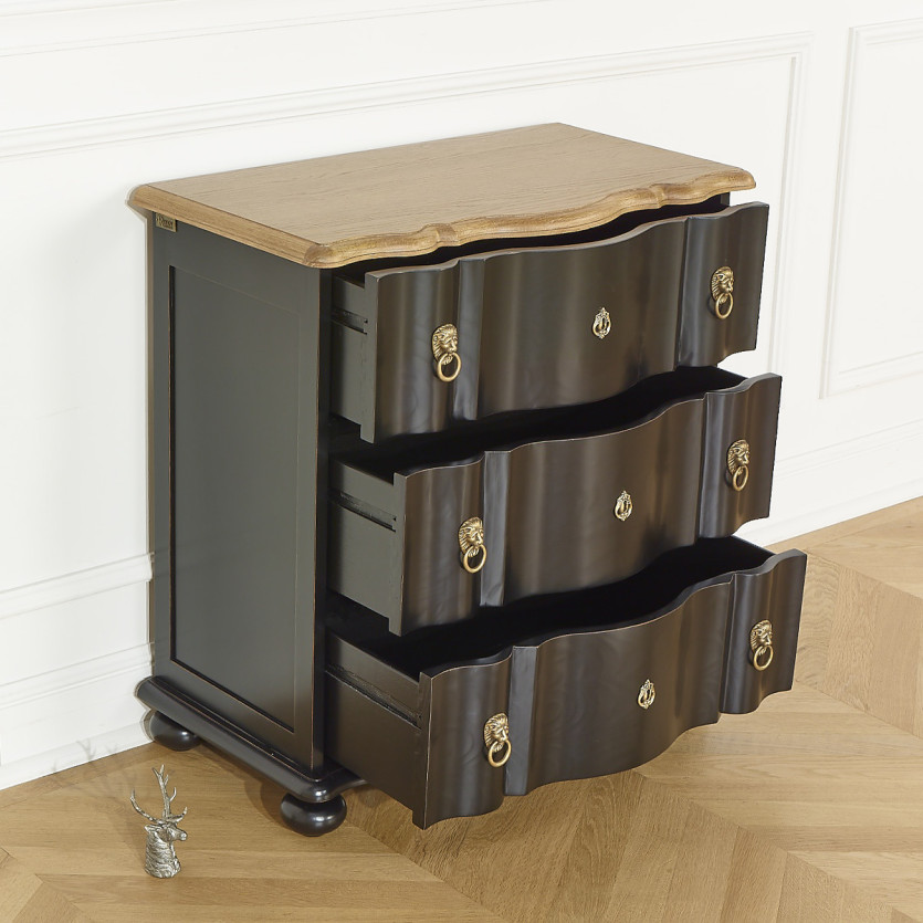 Petite commode arbalète LAUREN - Style shabby chic, plateau en chêne, 3 tiroirs