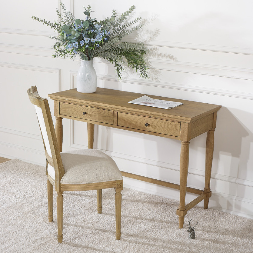 Bureau EDINBURGH - Style shabby chic en chêne, 2 tiroirs